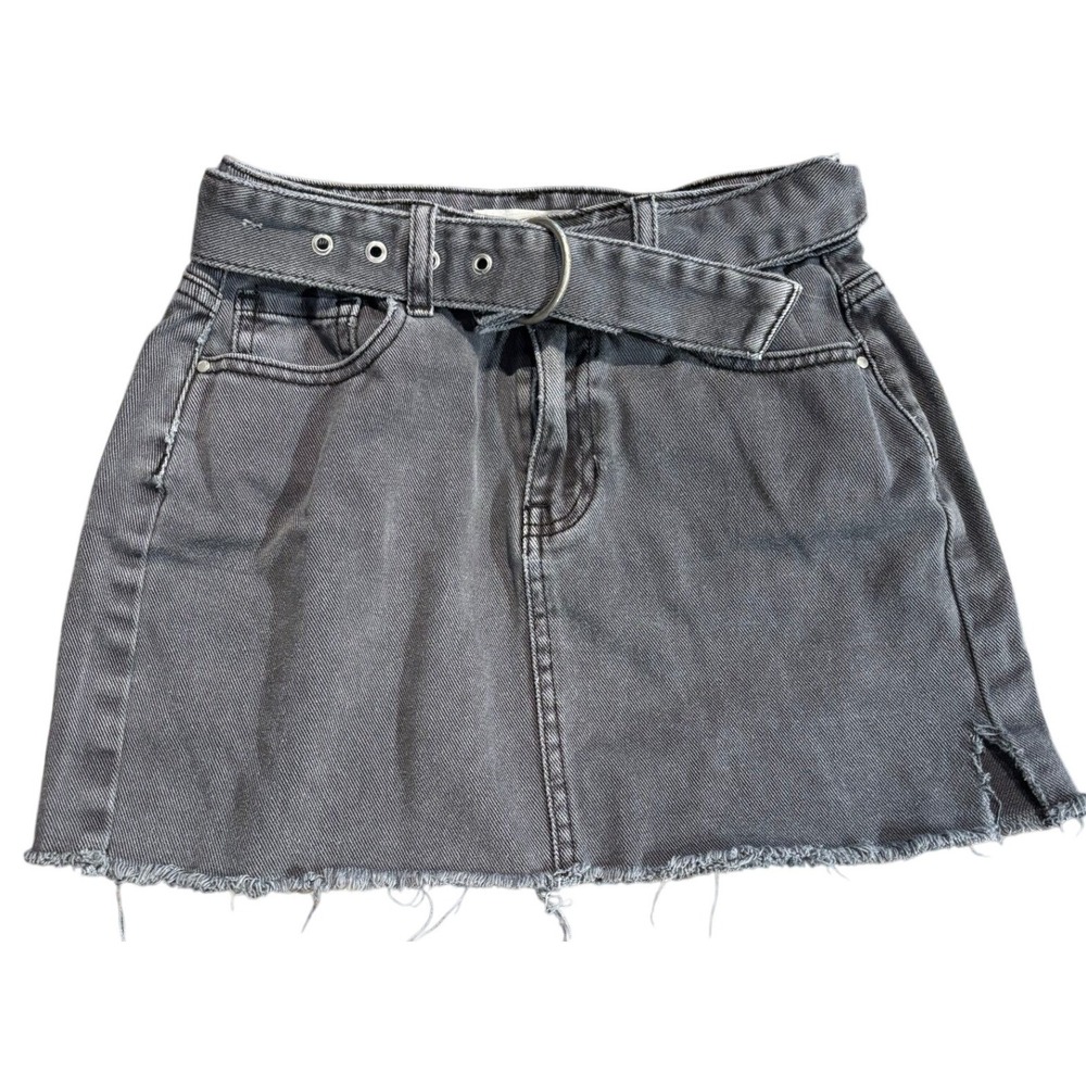 PacSun Black Denim Mini Skirt Belted Raw Hem Frayed 23 High Waisted Charcoal Y2K